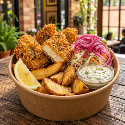 Fish and Chips, bowl de Veggie Go Comida Rápida Saludable